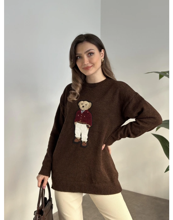 Ayıcık nakış detay kazak kahve