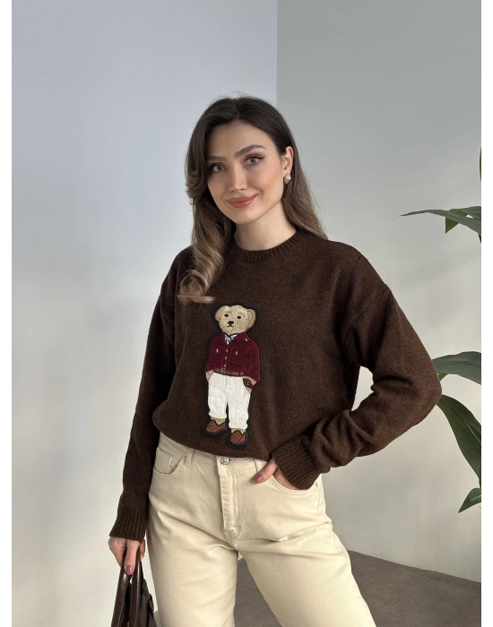 Ayıcık nakış detay kazak kahve