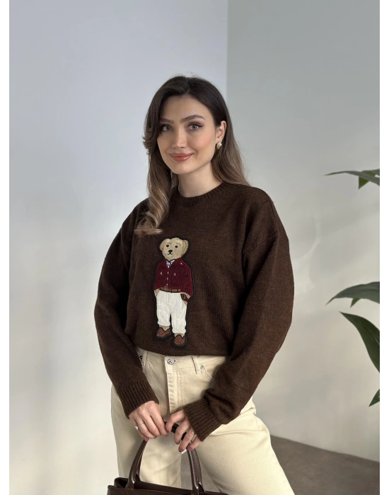 Ayıcık nakış detay kazak kahve