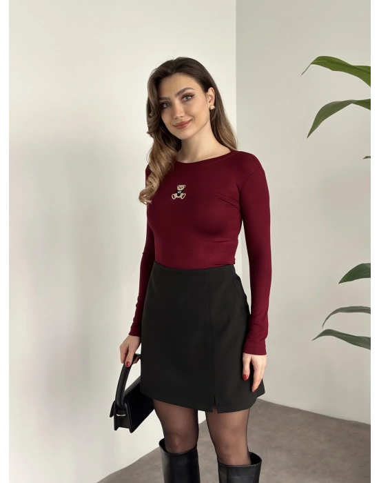 Ayıcık nakışlı modal kumaş body bordo