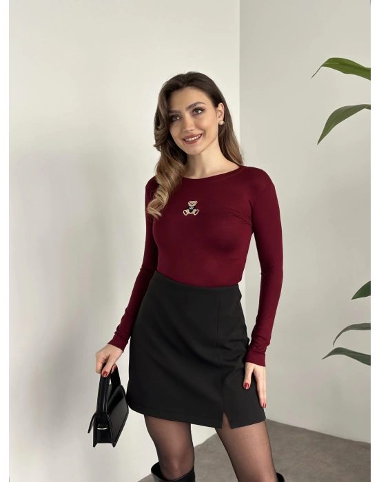 Ayıcık nakışlı modal kumaş body bordo