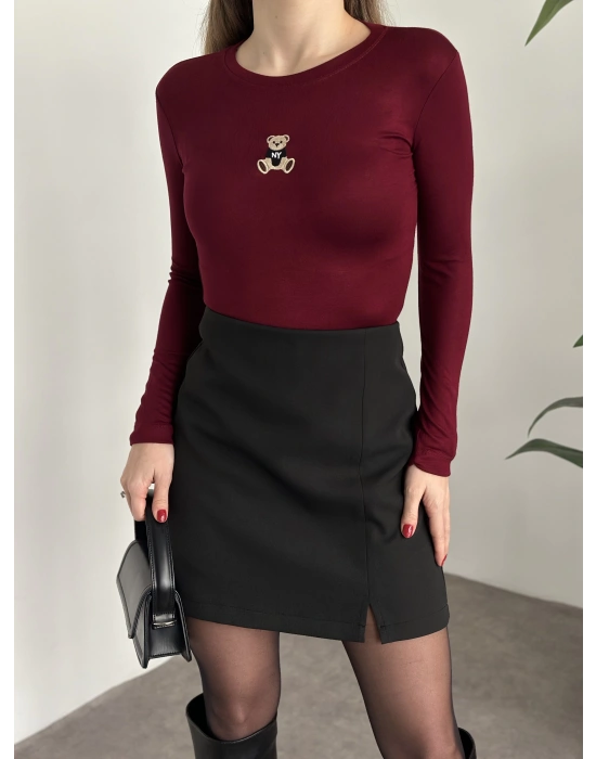 Ayıcık nakışlı modal kumaş body bordo