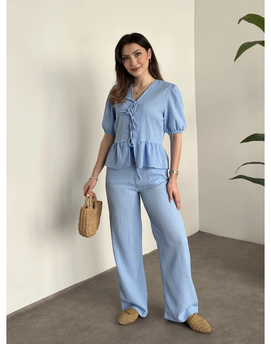 Gofre bağlama detaylı karpuz kol takım bebek mavisi