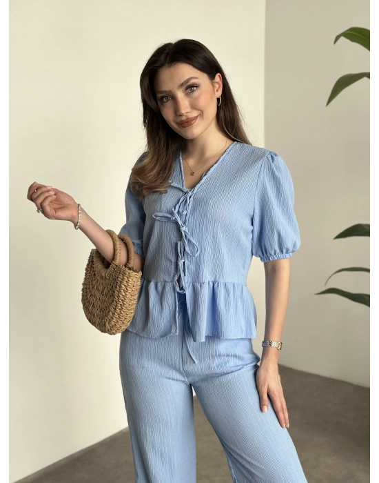 Gofre bağlama detaylı karpuz kol takım bebek mavisi