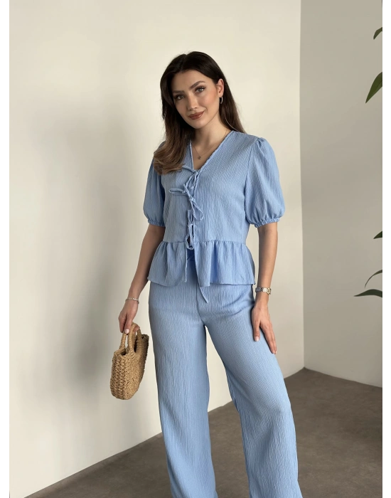 Gofre bağlama detaylı karpuz kol takım bebek mavisi