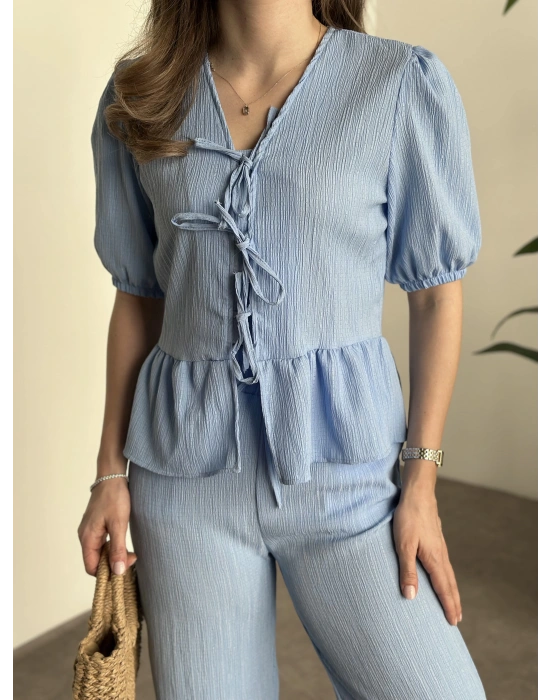 Gofre bağlama detaylı karpuz kol takım bebek mavisi