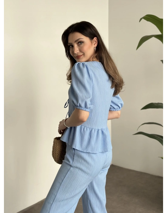 Gofre bağlama detaylı karpuz kol takım bebek mavisi