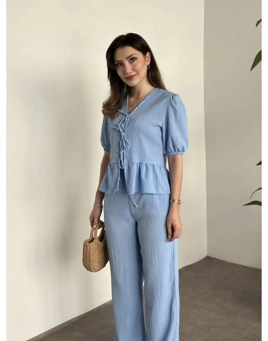 Gofre bağlama detaylı karpuz kol takım bebek mavisi