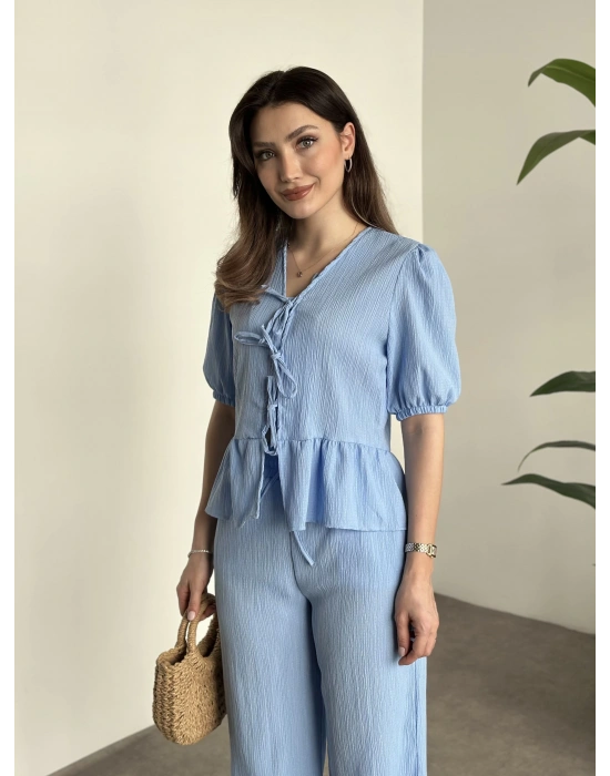 Gofre bağlama detaylı karpuz kol takım bebek mavisi