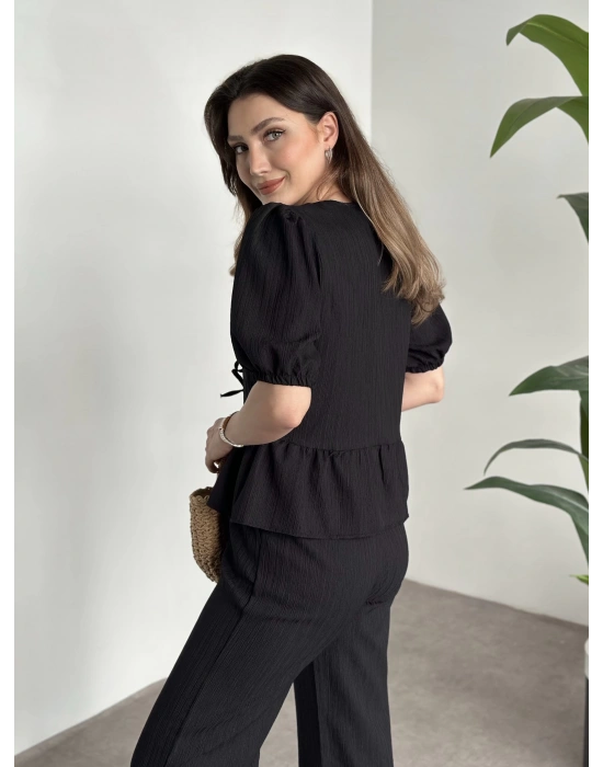 Gofre bağlama detaylı karpuz kol takım siyah