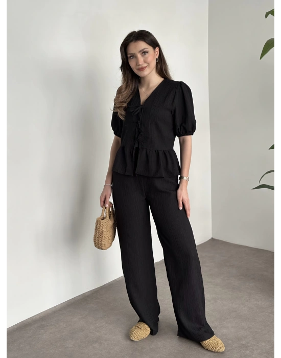 Gofre bağlama detaylı karpuz kol takım siyah