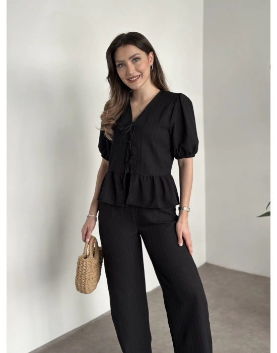 Gofre bağlama detaylı karpuz kol takım siyah