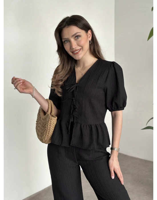 Gofre bağlama detaylı karpuz kol takım siyah