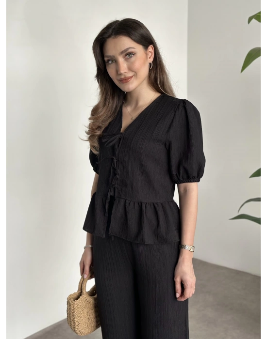 Gofre bağlama detaylı karpuz kol takım siyah