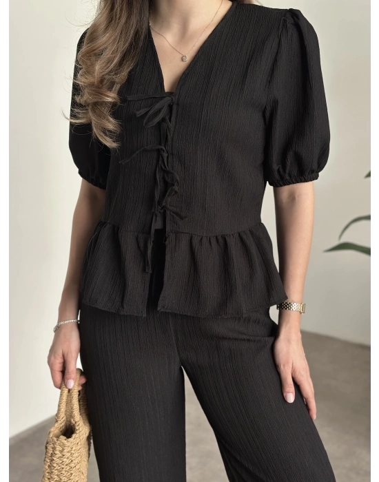 Gofre bağlama detaylı karpuz kol takım siyah