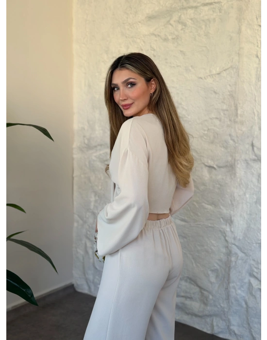 Bağlamalı crop üst rahat kesim pantolon takım Krem