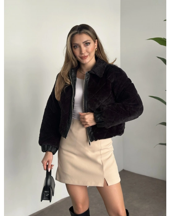 Baklava desenli fermuarlı peluş mont siyah