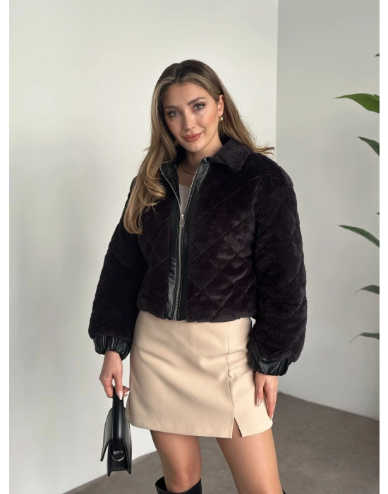 Baklava desenli fermuarlı peluş mont siyah