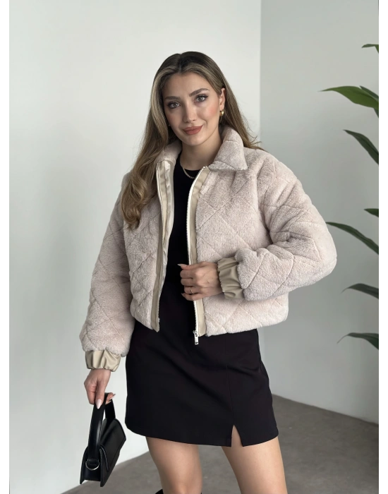 Baklava desenli fermuarlı peluş mont taş