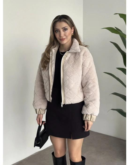 Baklava desenli fermuarlı peluş mont taş