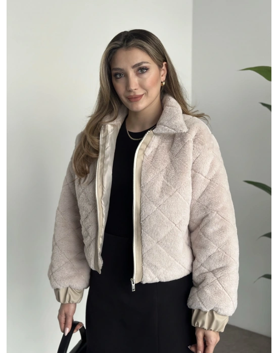 Baklava desenli fermuarlı peluş mont taş