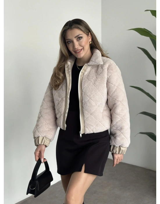 Baklava desenli fermuarlı peluş mont taş