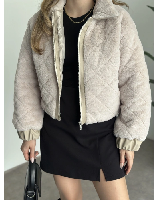 Baklava desenli fermuarlı peluş mont taş