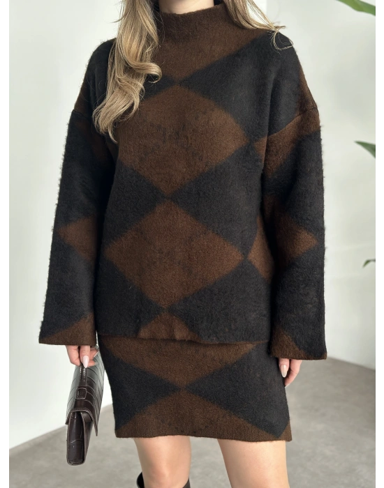 Baklava desenli şardonlu etekli takım kahve