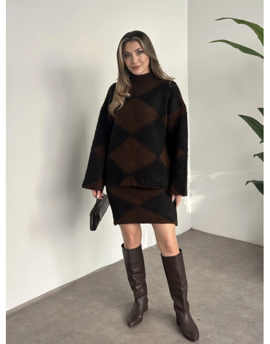 Baklava desenli şardonlu etekli takım kahve