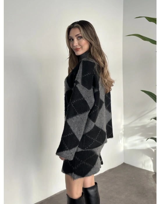 Baklava desenli şardonlu etekli takım siyah