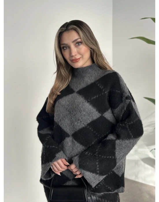 Baklava desenli şardonlu etekli takım siyah