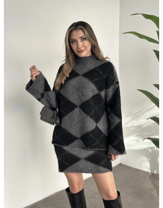 Baklava desenli şardonlu etekli takım siyah