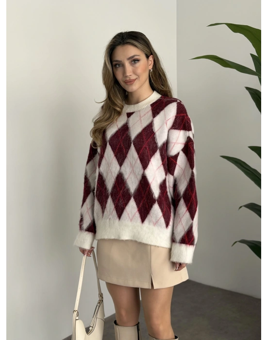 Baklava desenli yünlü kazak bordo