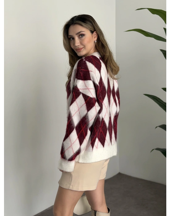 Baklava desenli yünlü kazak bordo