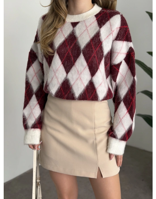 Baklava desenli yünlü kazak bordo