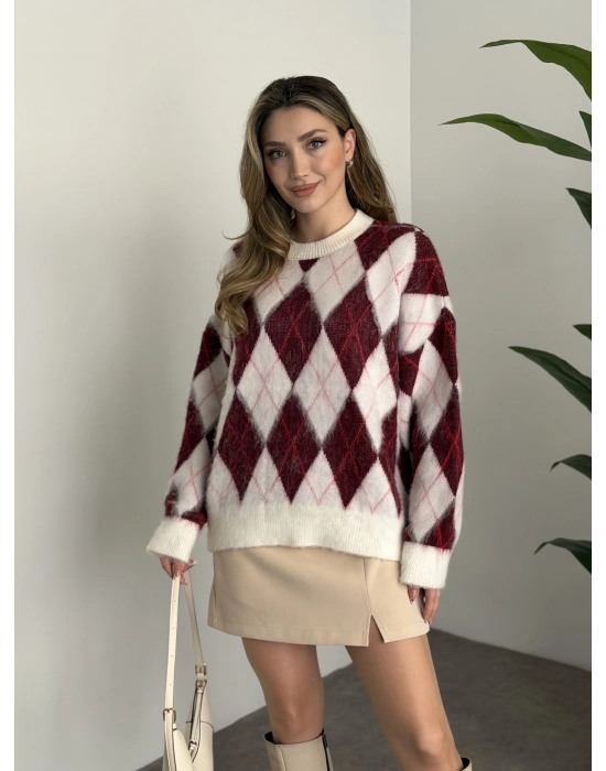 Baklava desenli yünlü kazak bordo