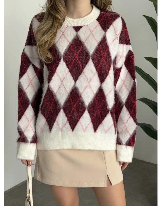 Baklava desenli yünlü kazak bordo