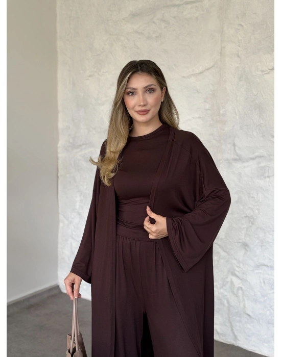 Basic üst & pantolonlu 3’lü takım kahve
