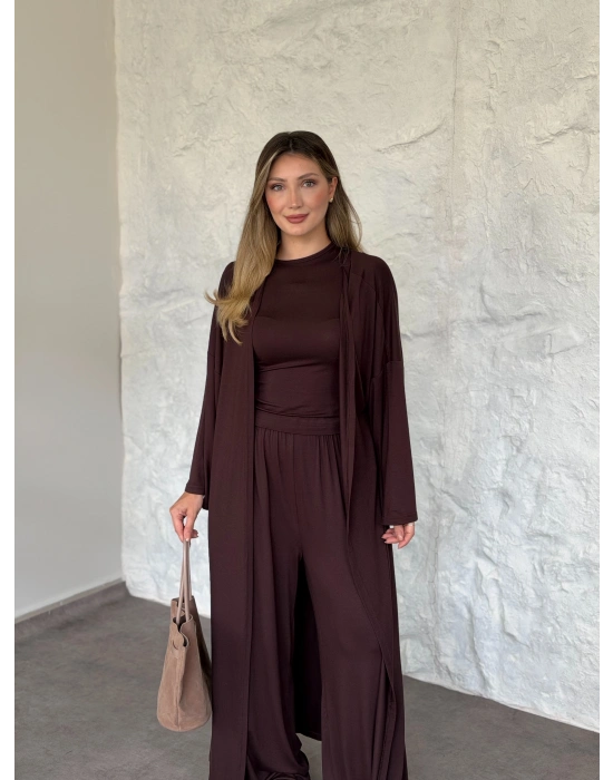 Basic üst & pantolonlu 3’lü takım kahve