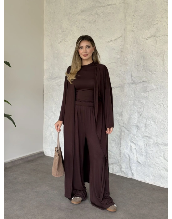 Basic üst & pantolonlu 3’lü takım kahve
