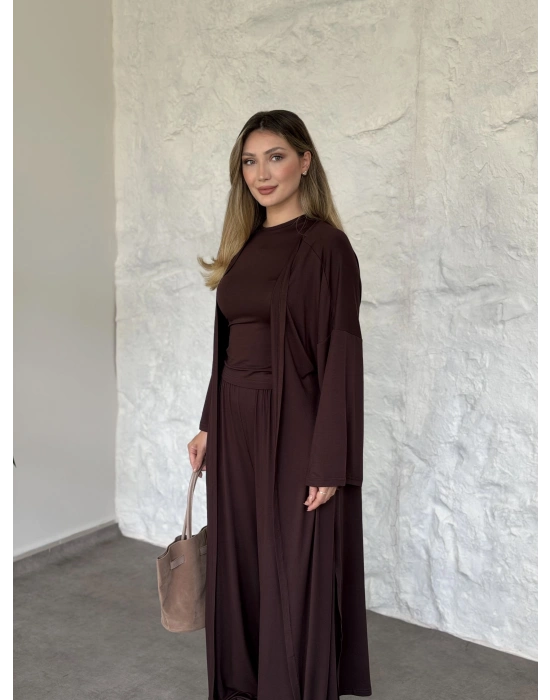 Basic üst & pantolonlu 3’lü takım kahve