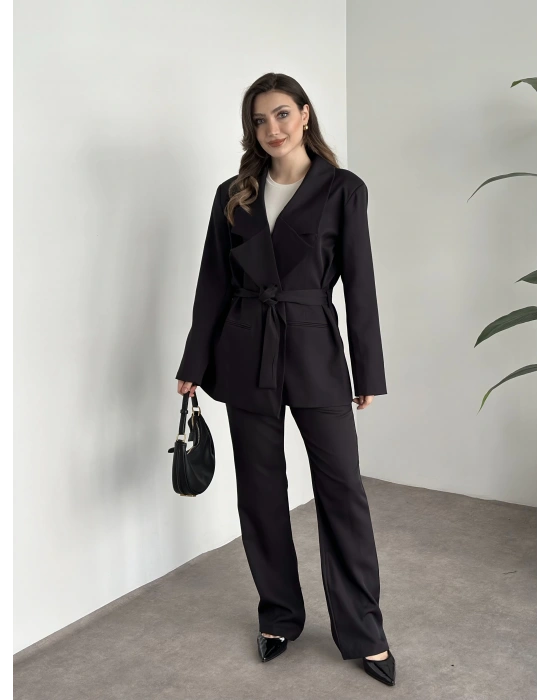 Belden bağcıklı ultra yüksek bel takım siyah