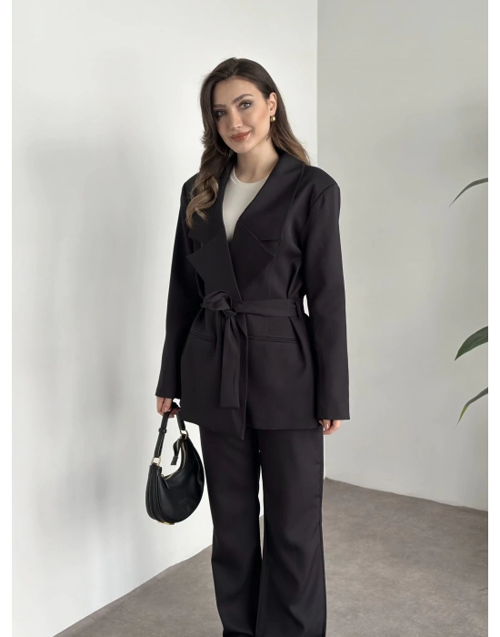 Belden bağcıklı ultra yüksek bel takım siyah