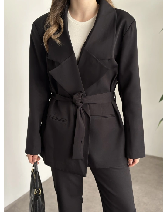 Belden bağcıklı ultra yüksek bel takım siyah