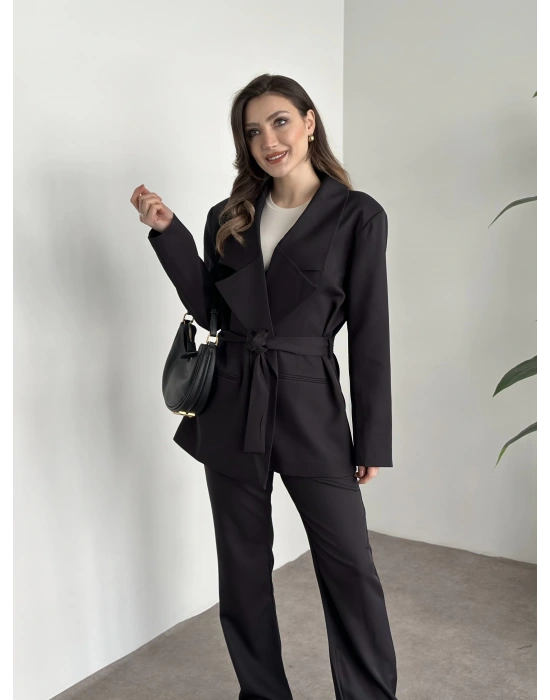 Belden bağcıklı ultra yüksek bel takım siyah