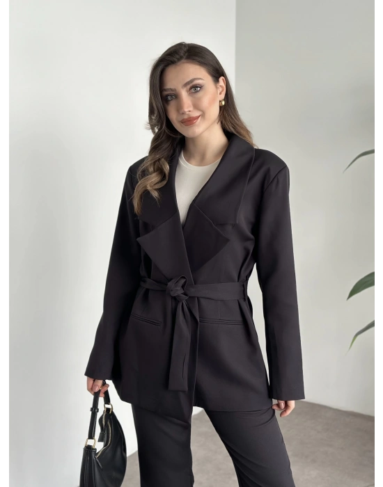 Belden bağcıklı ultra yüksek bel takım siyah