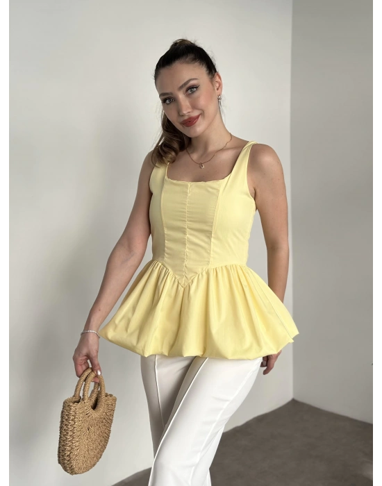 Belden oturtmalı balon etekli tasarim bluz sarı