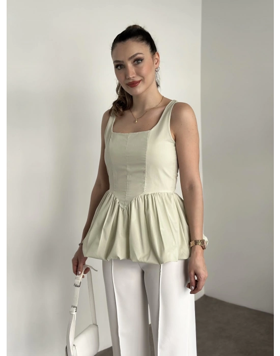 Belden oturtmalı balon etekli tasarim bluz yeşil