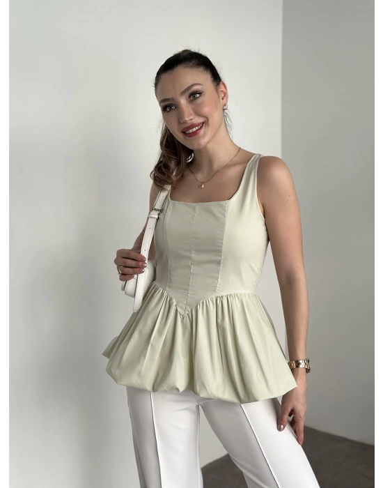 Belden oturtmalı balon etekli tasarim bluz yeşil