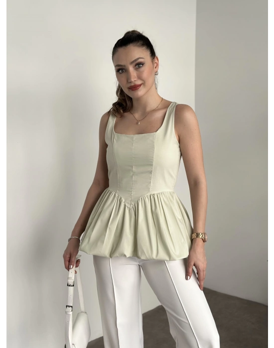 Belden oturtmalı balon etekli tasarim bluz yeşil